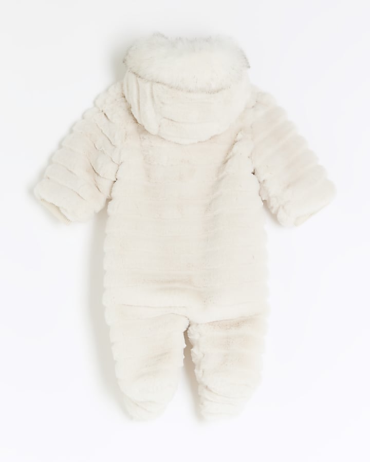 Baby girls cream faux fur pramsuit all in one