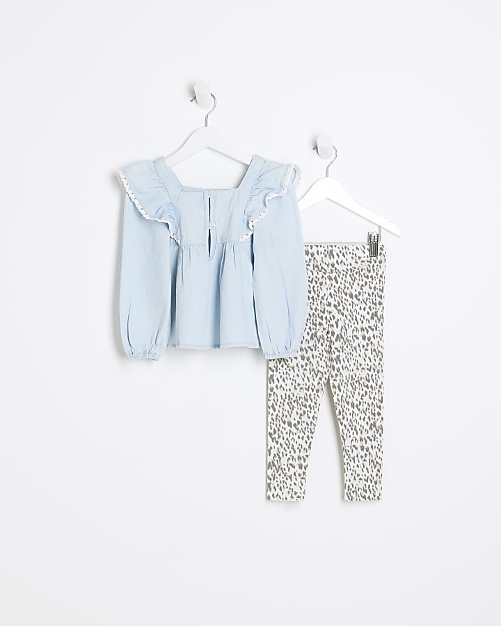 Mini girls blue denim blouse and leggings set