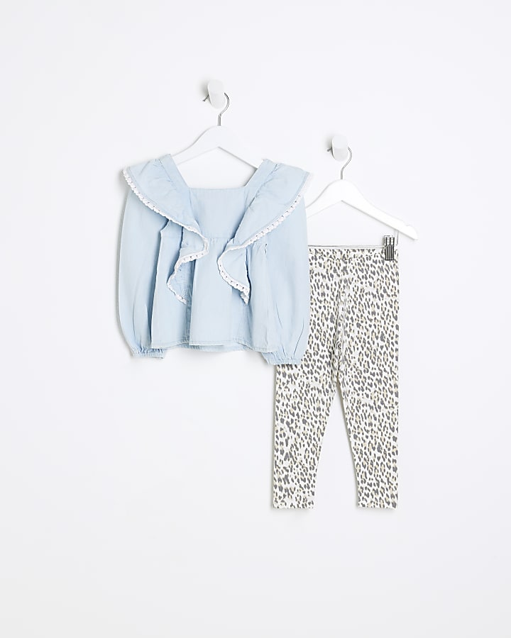 Mini girls blue denim blouse and leggings set