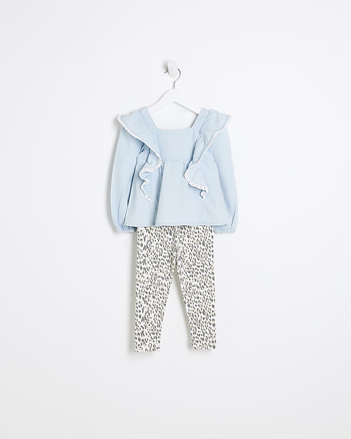 Mini girls blue denim blouse and leggings set