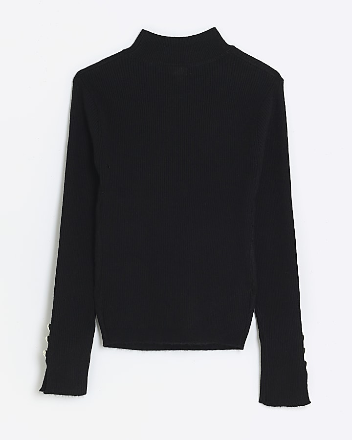 Girls black rib high neck jumper