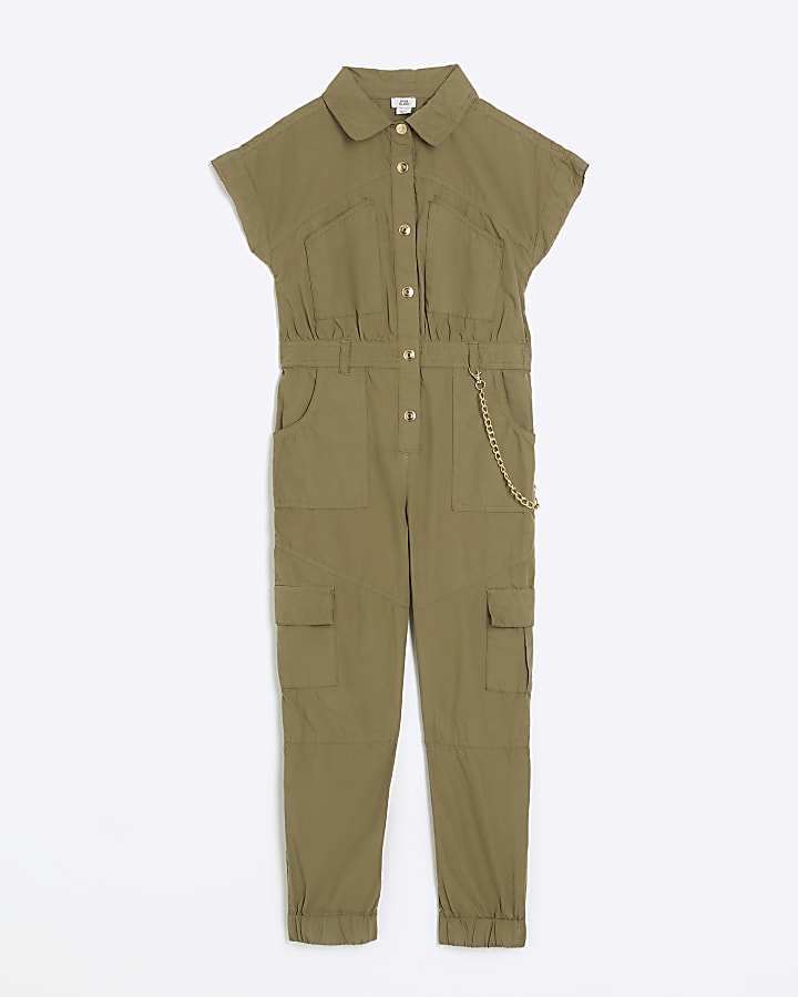 Girls khaki utility jumpsuit River Island