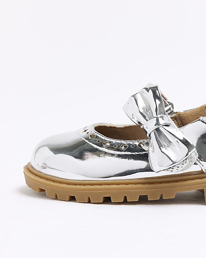 Mini girls silver bow mary jane shoes