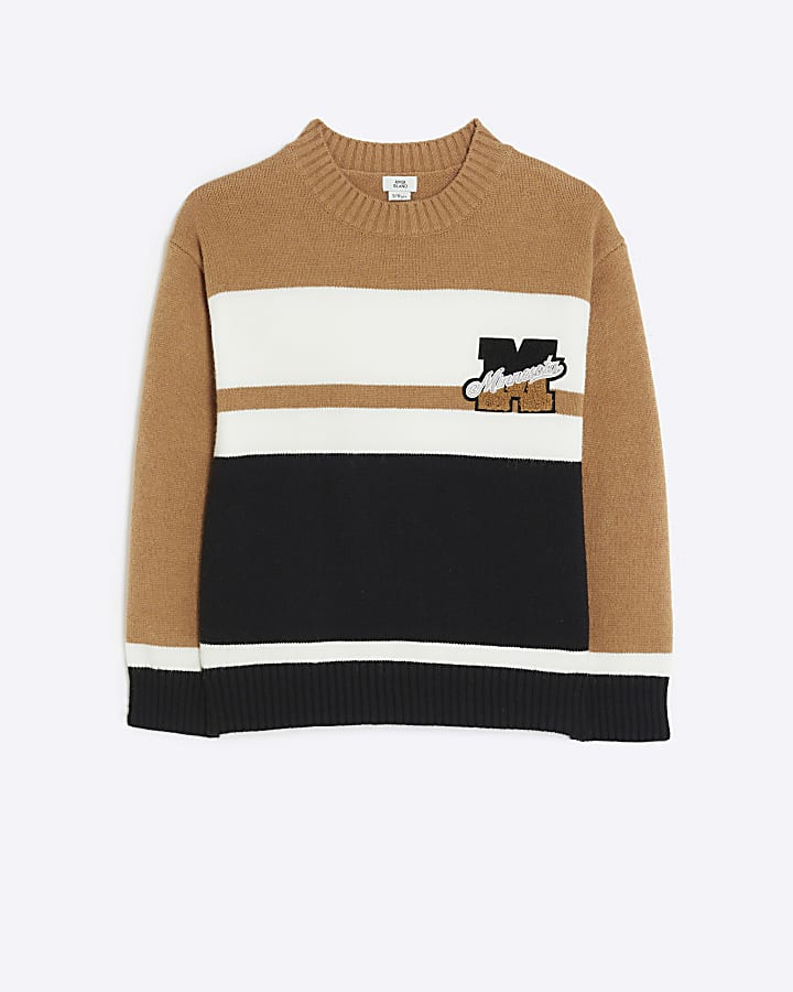 Boys brown colour block badge jumper