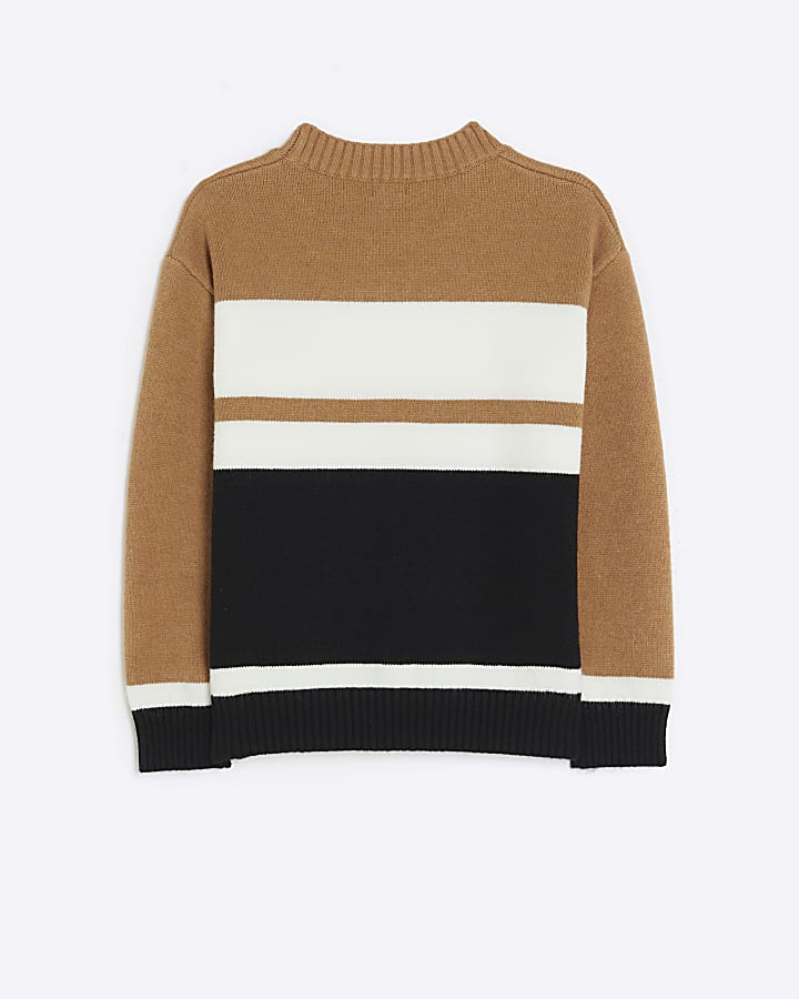 Boys brown colour block badge jumper