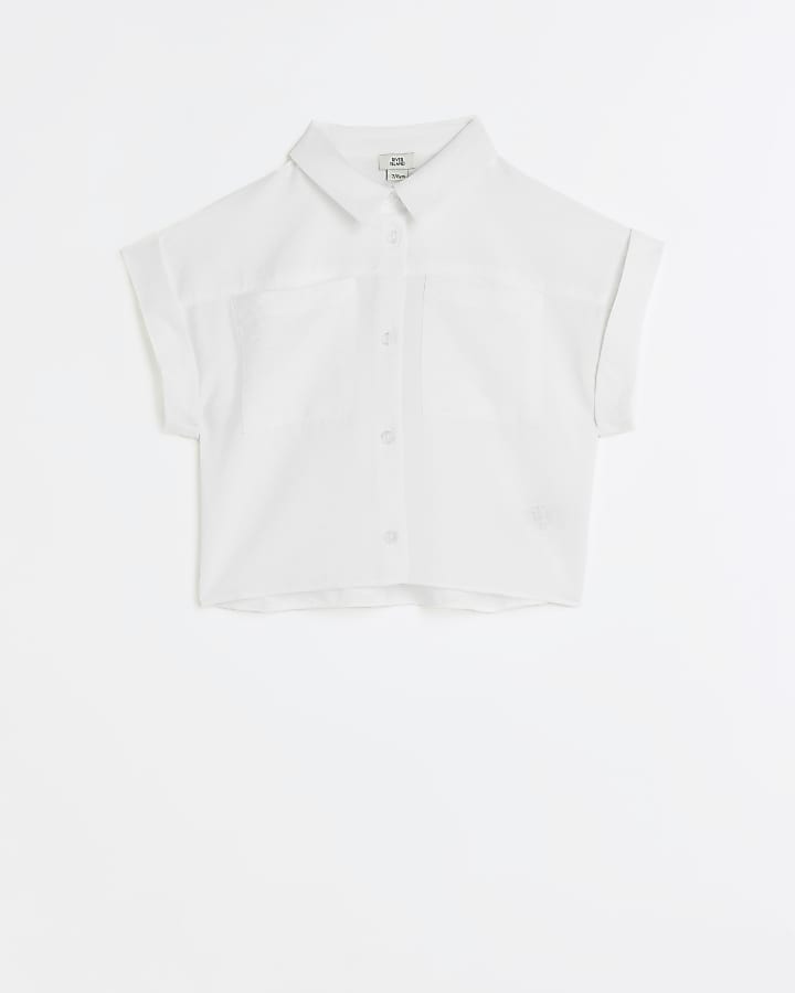 Girls white cropped button up shirt