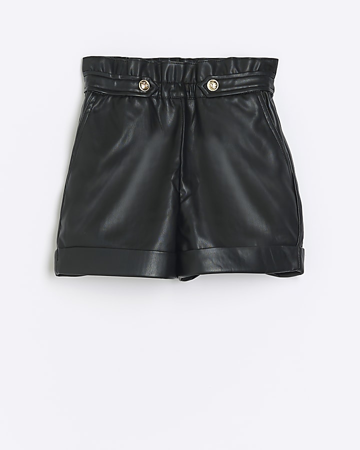 Girls black faux leather paperbag shorts River Island