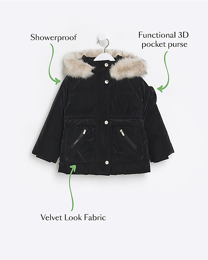 Mini girls black velvet look hooded coat