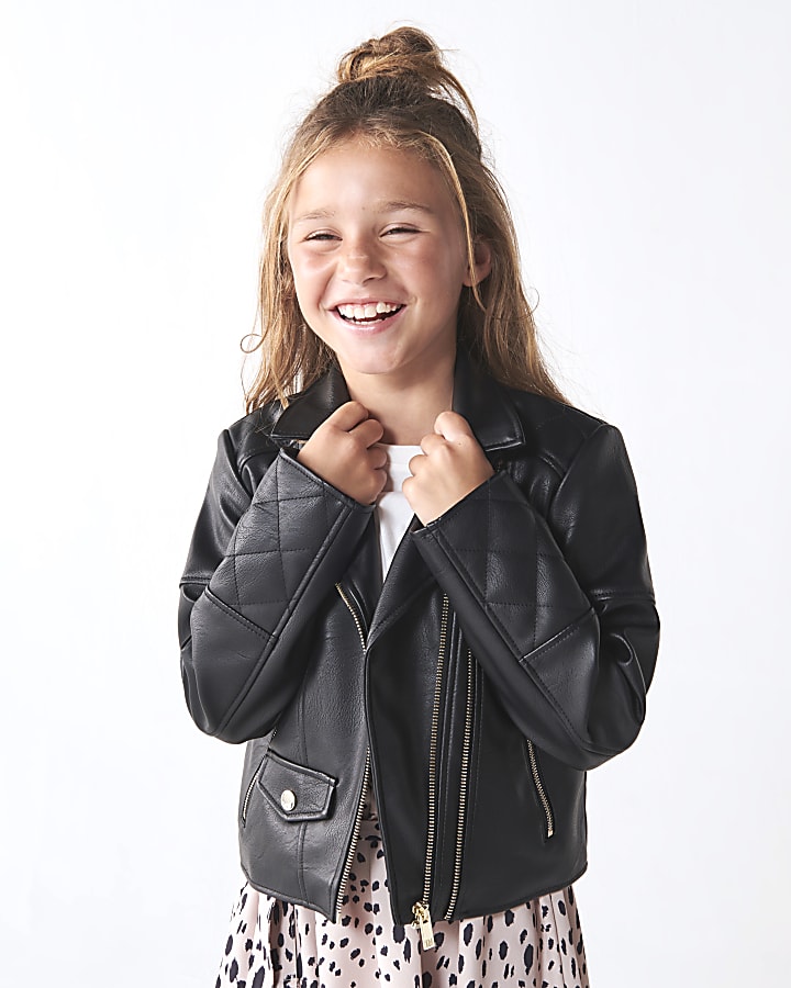 Girls black Pu double zip biker jacket