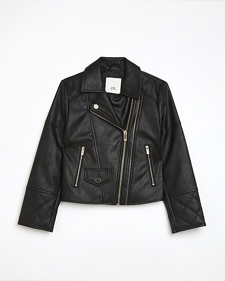 Girls black Pu double zip biker jacket