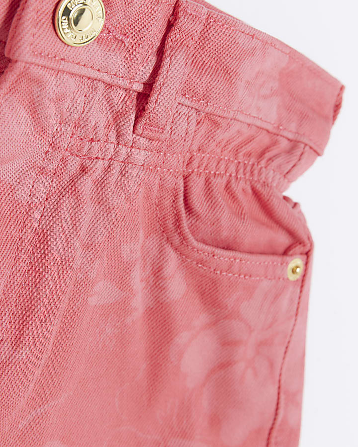 Girls pink floral print denim shorts
