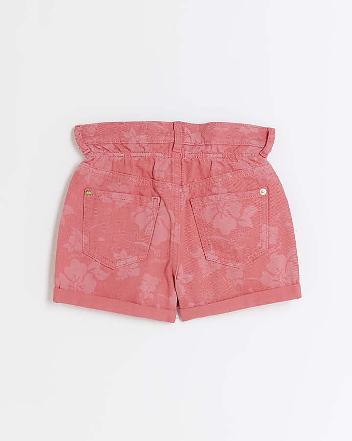 Girls pink floral print denim shorts