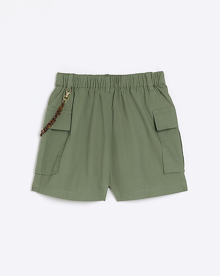 Girls khaki chain detail cargo shorts