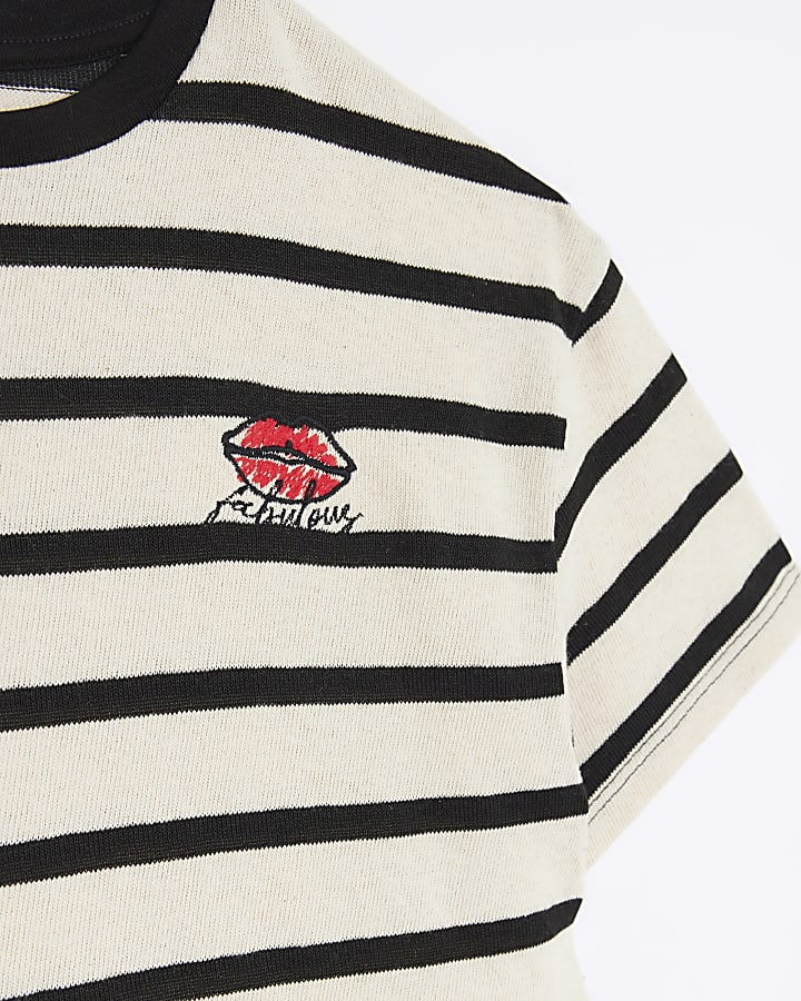 Girls cream lace hem stripe t-shirt