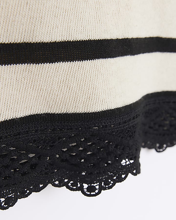 Girls cream lace hem stripe t-shirt