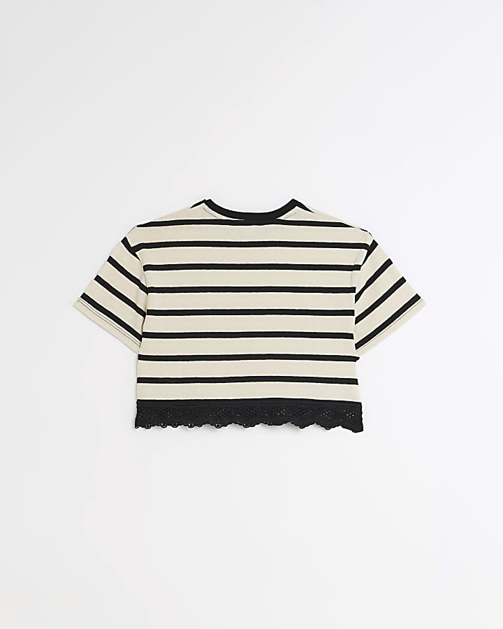 Girls cream lace hem stripe t-shirt