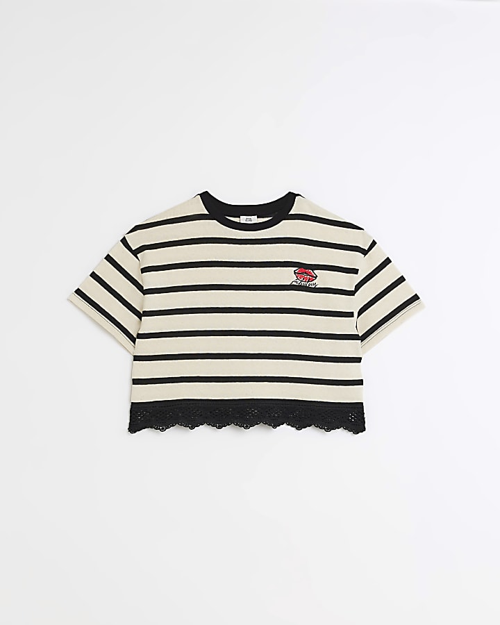 Girls cream lace hem stripe t-shirt