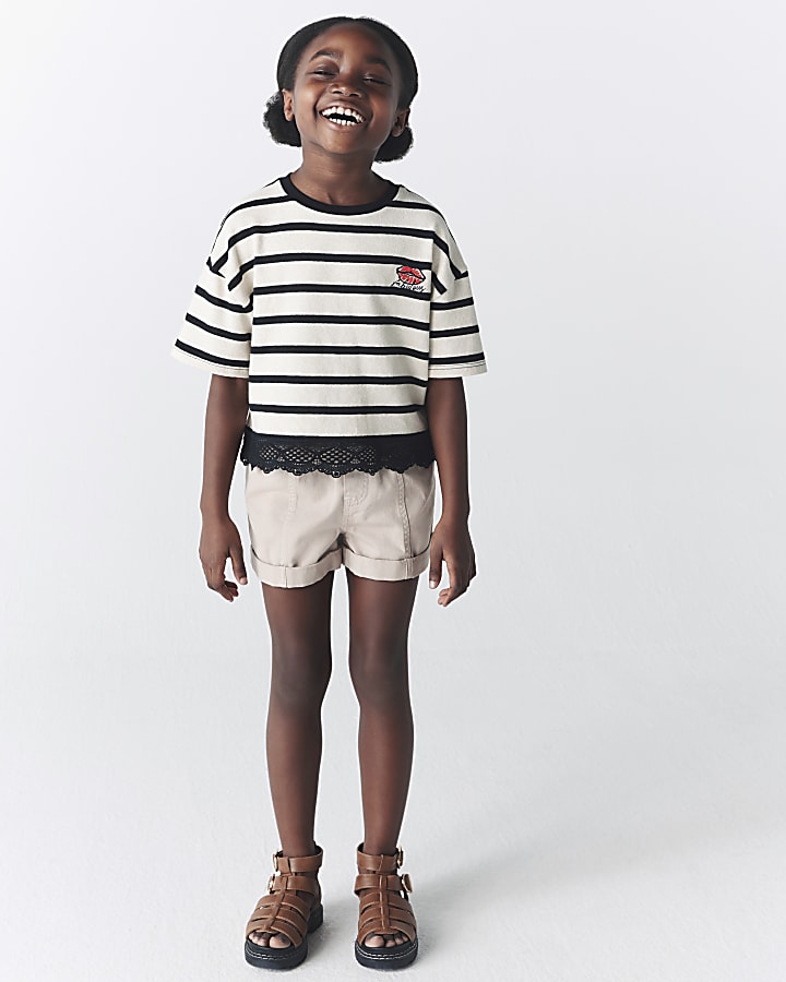 Girls cream lace hem stripe t-shirt