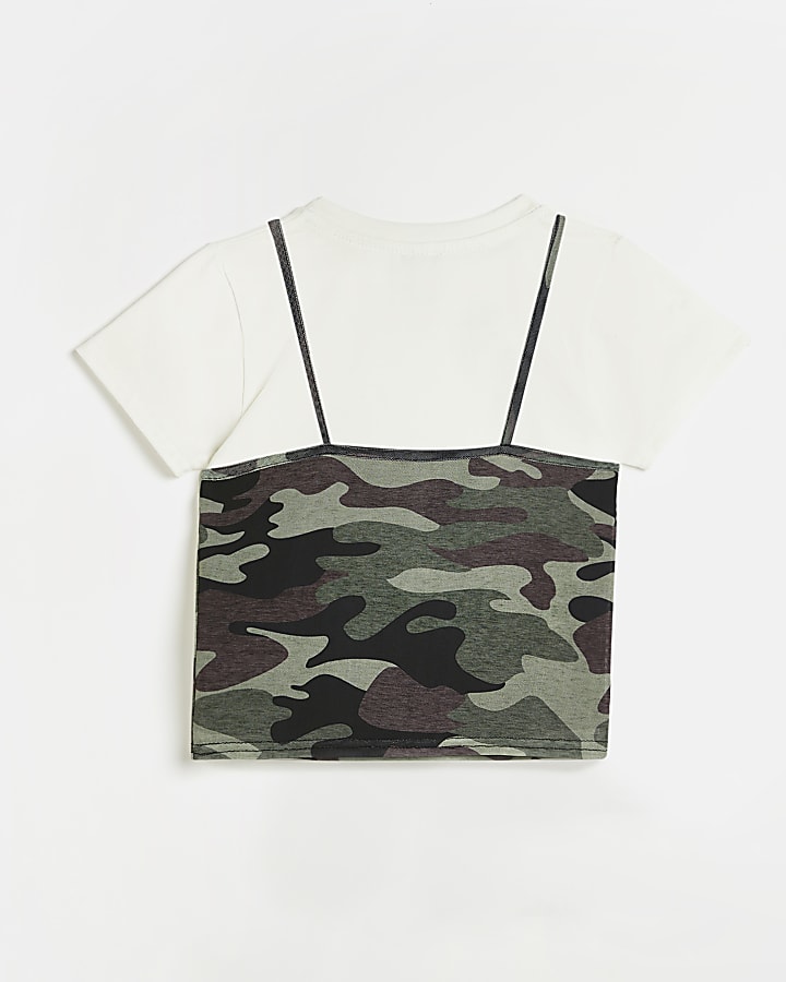 Girls Green Camo 2 in 1 Cami and T-shirt