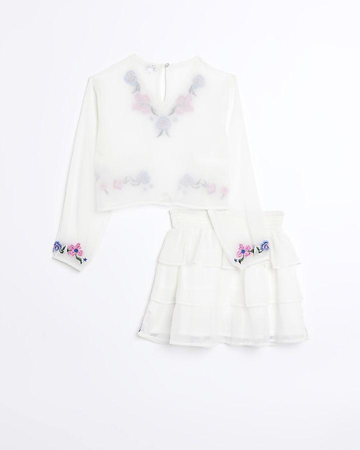 Girls White Floral Embroidered sheer Set