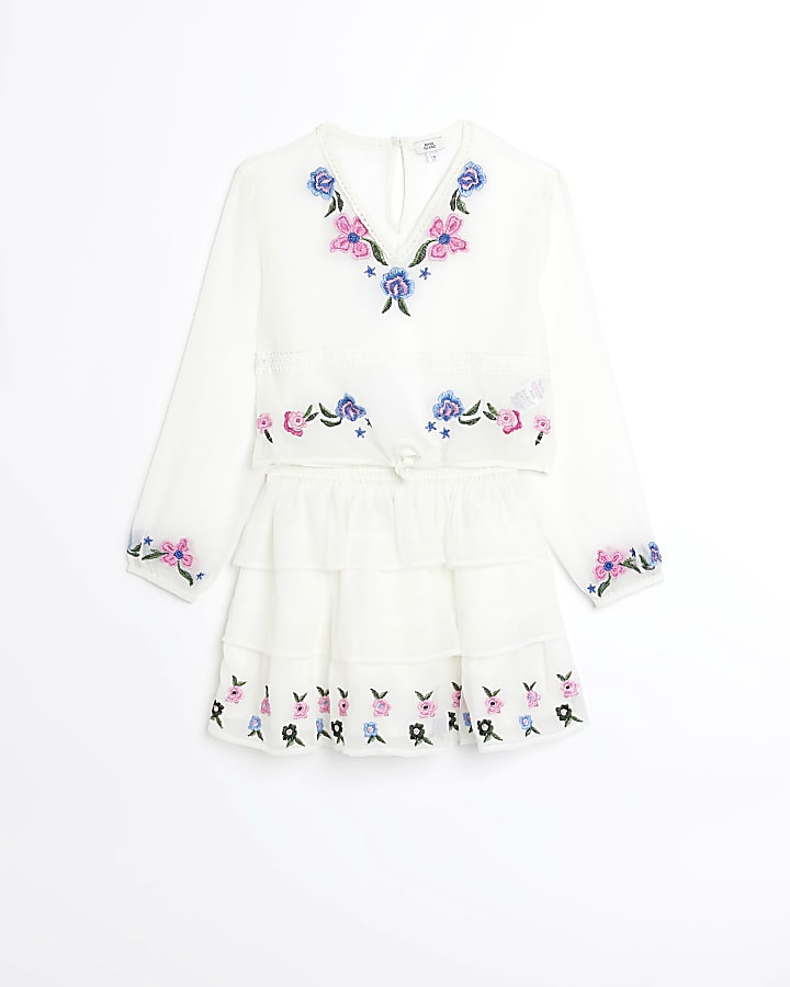 Girls White Floral Embroidered sheer Set