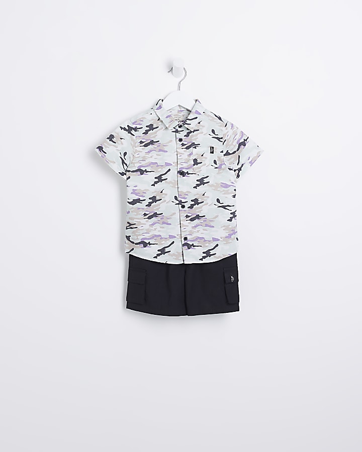 Mini boys black camo print shirt outfit