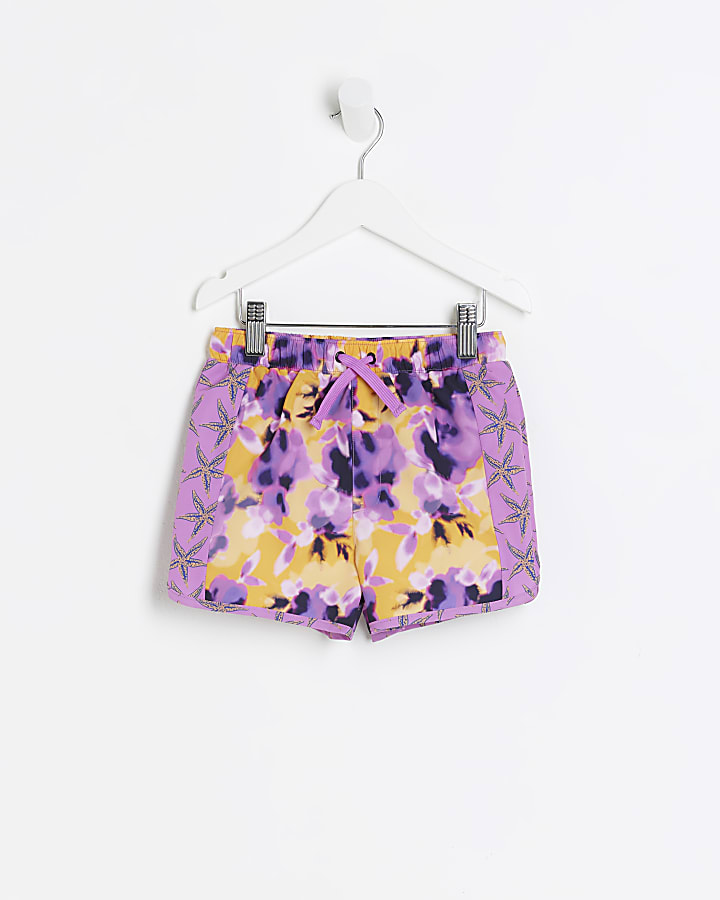 Mini boys orange floral swim shorts