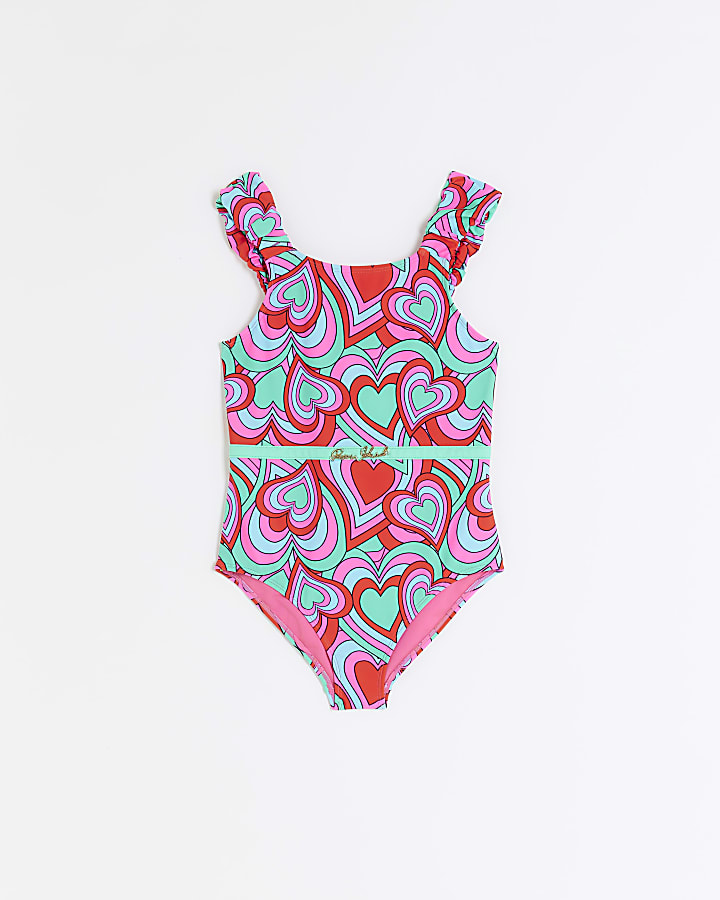 Girls green heart print frill Swimsuit River Island