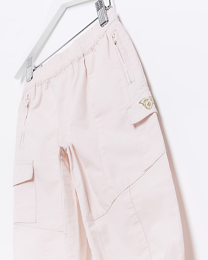 Mini Girls Pink Embroidered Cargo Trousers