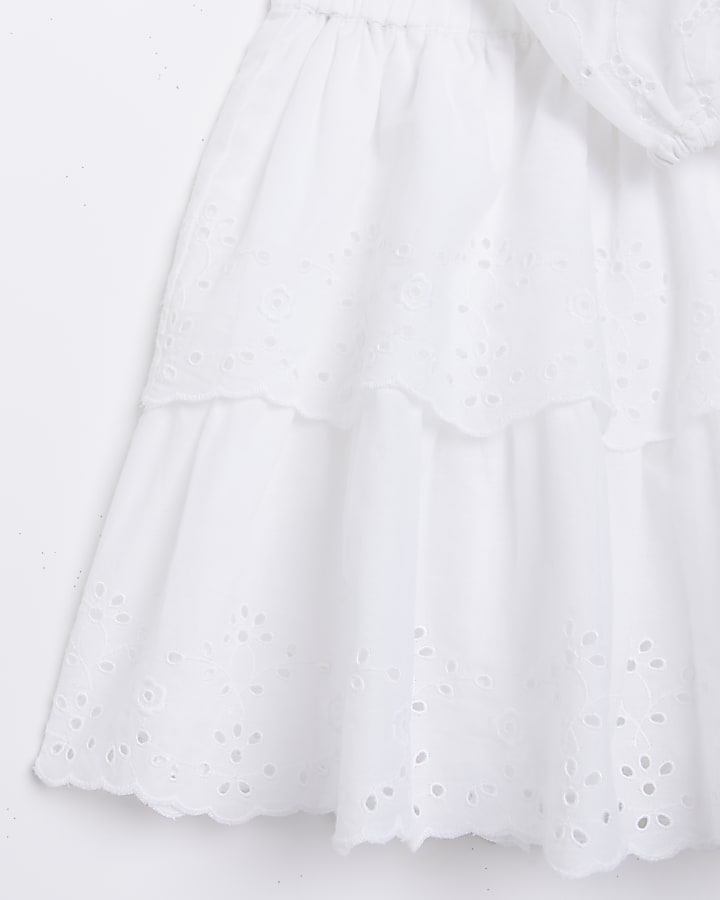 Girls white Shirred Broderie Skirt Set