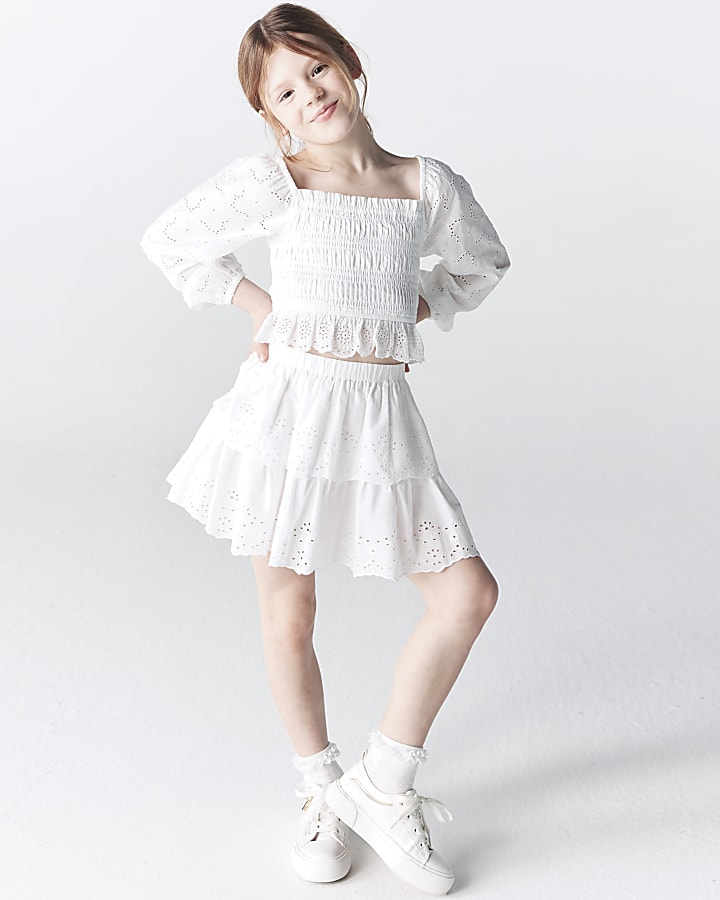 Girls white Shirred Broderie Skirt Set