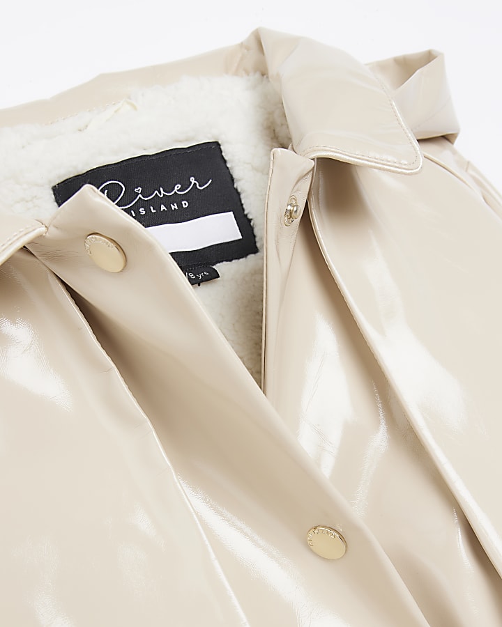 Girls beige PU hooded trench coat