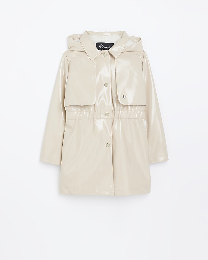 Girls beige PU hooded trench coat