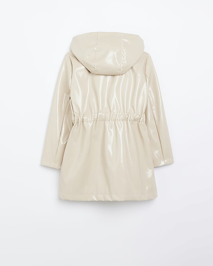 Girls beige PU hooded trench coat