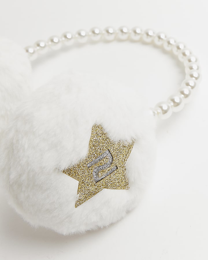 Girls White Faux Fur Glitter Star Earmuffs