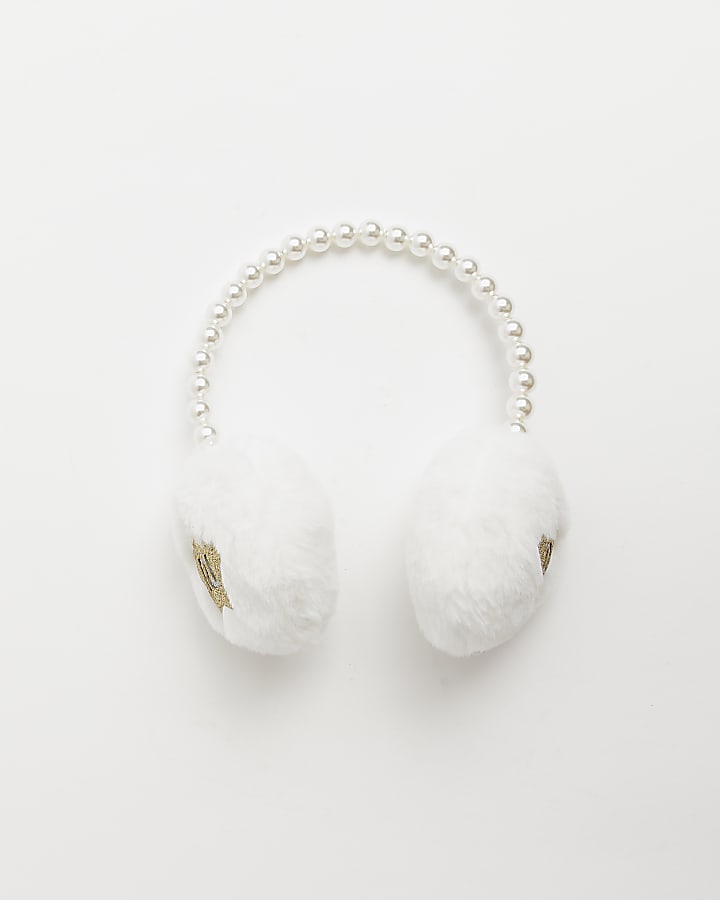 Girls White Faux Fur Glitter Star Earmuffs
