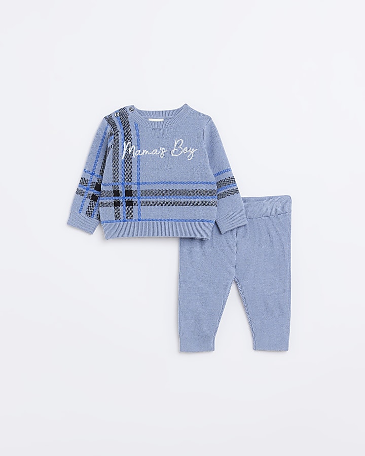 Baby Boys Blue Check Jumper and Joggers Set River Island