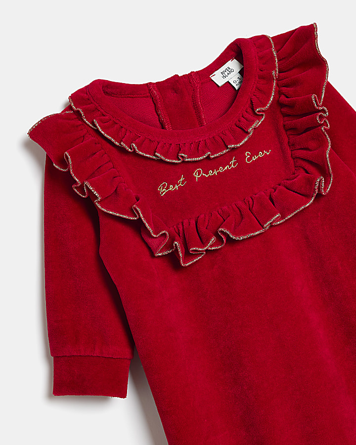 Baby Girls Red Velour Frill Bodysuit