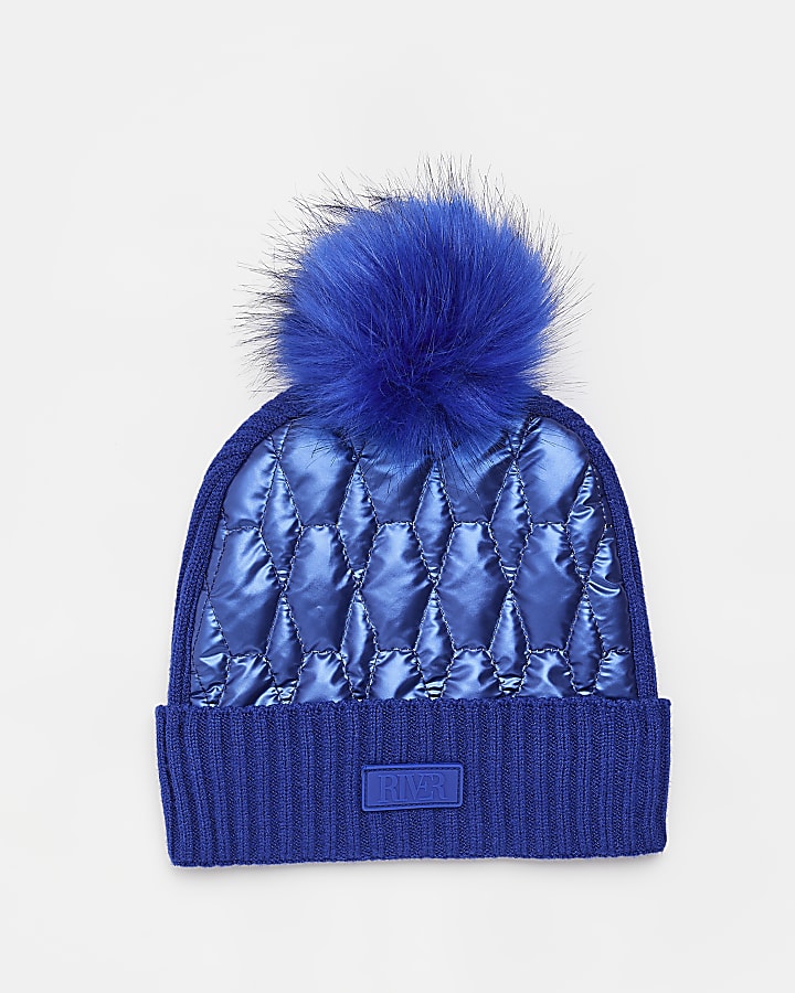 Boys navy quilted pom pom beanie hat