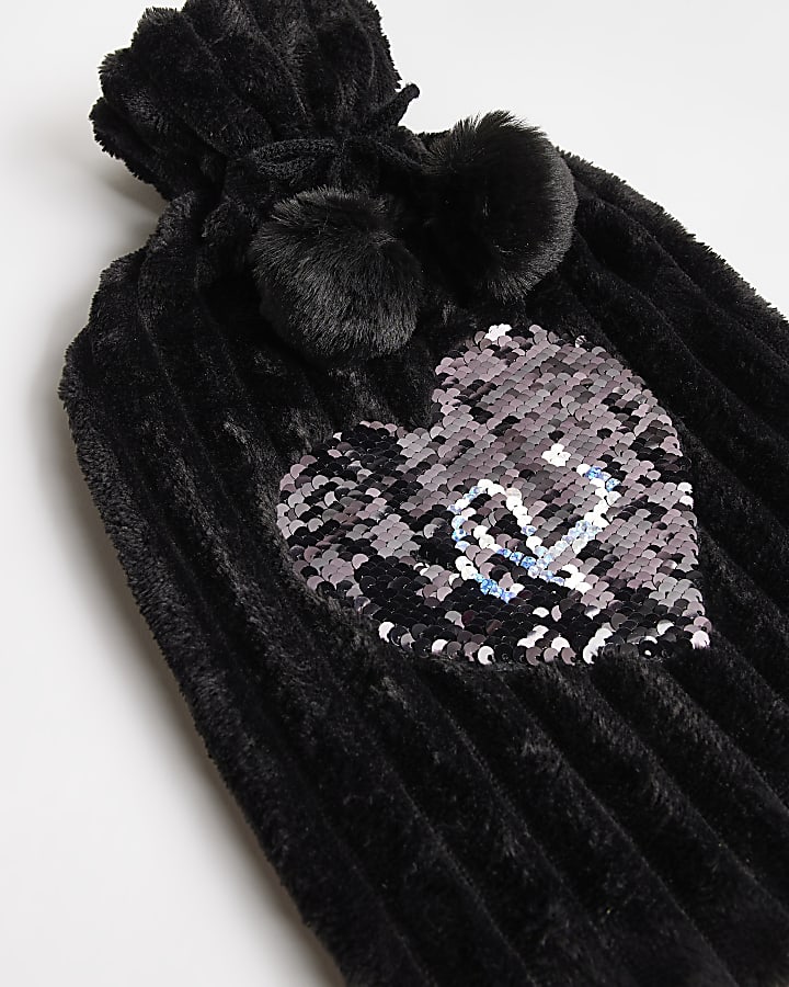 Girls Black Sequin Heart Hot Water Bottle