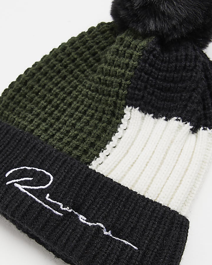 Mini boys black colour block beanie hat
