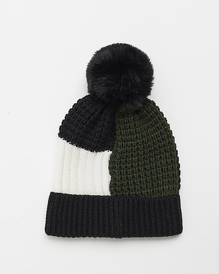 Mini boys black colour block beanie hat