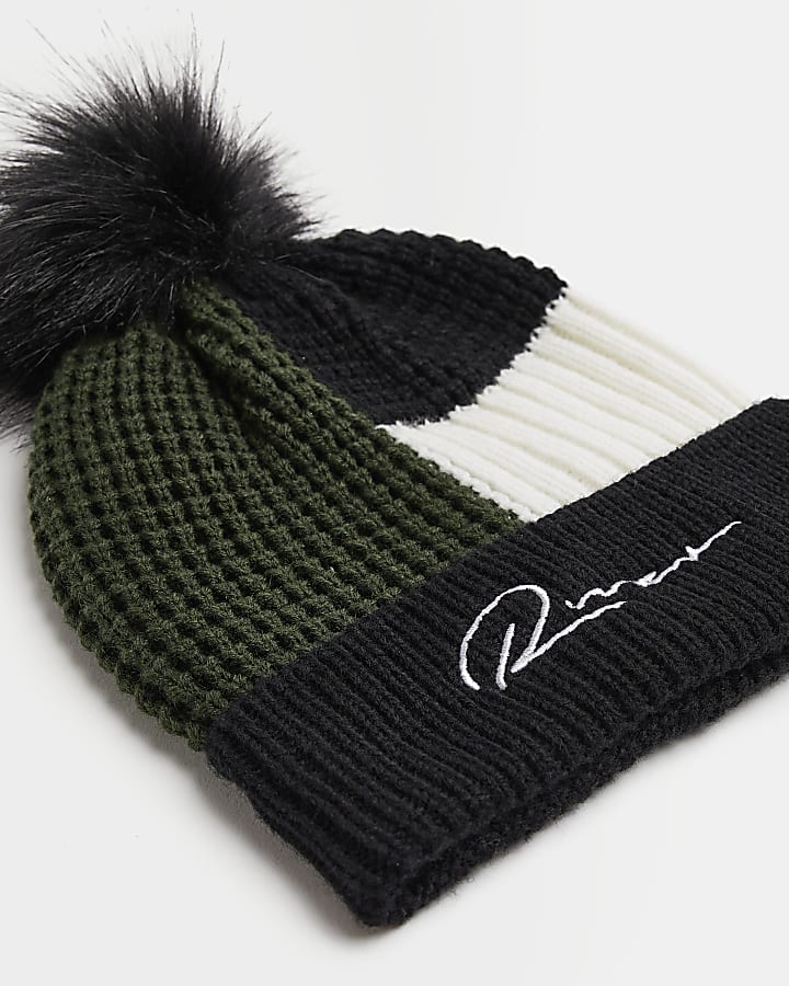 Boys black colour block beanie hat