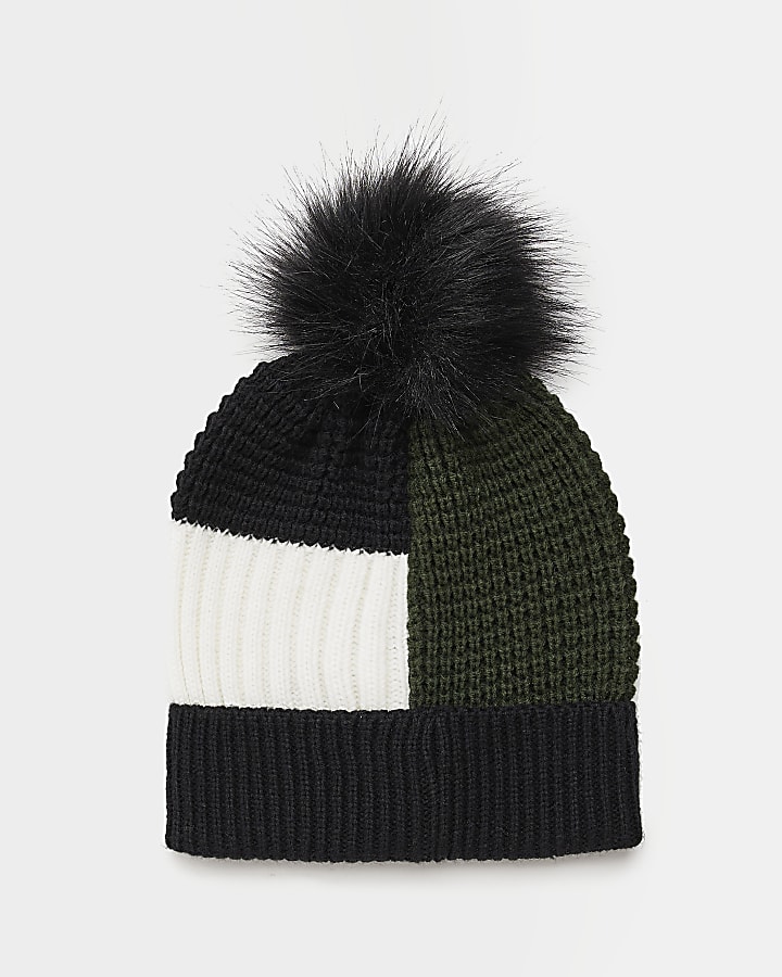 Boys black colour block beanie hat