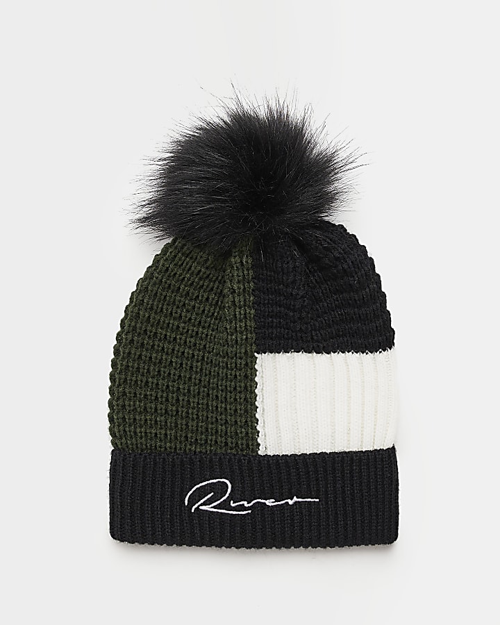 Boys black colour block beanie hat