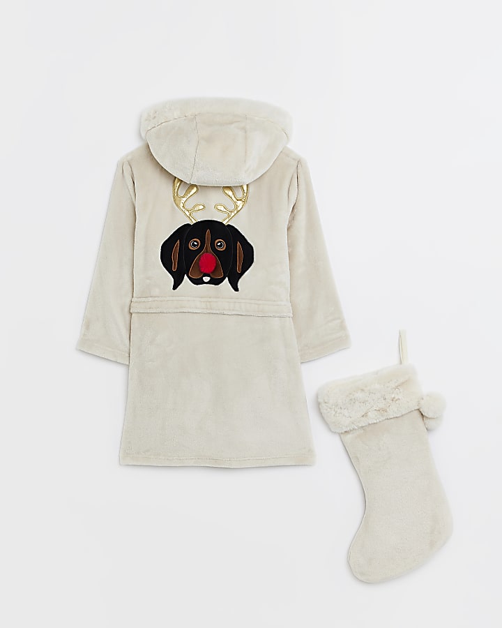 Girls Beige Dog dressing gown Stocking Set