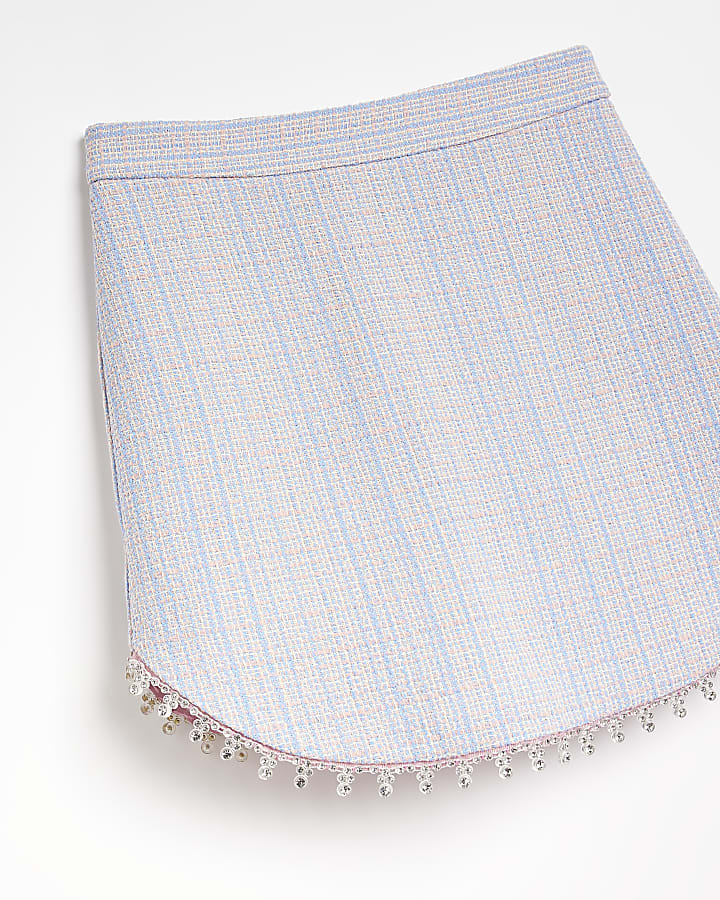 Girls Blue diamante trim check boucle Skirt