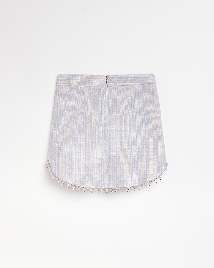 Girls Blue diamante trim check boucle Skirt