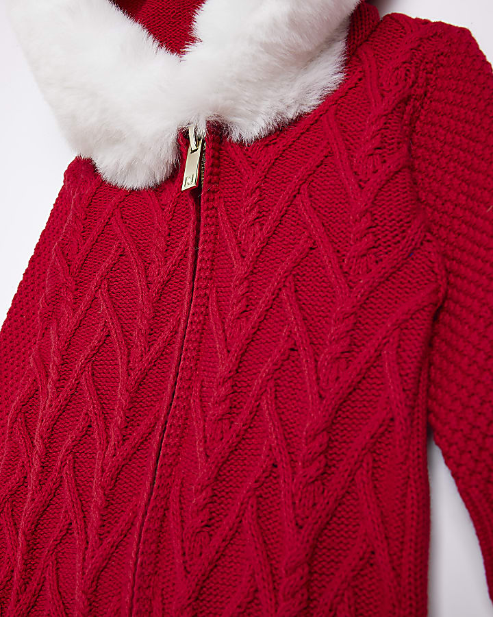 Baby Red Faux Fur Trim Cable Knit All In One