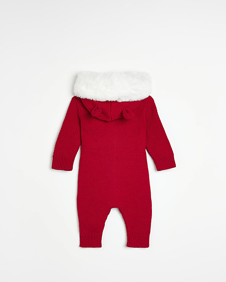 Baby Red Faux Fur Trim Cable Knit All In One